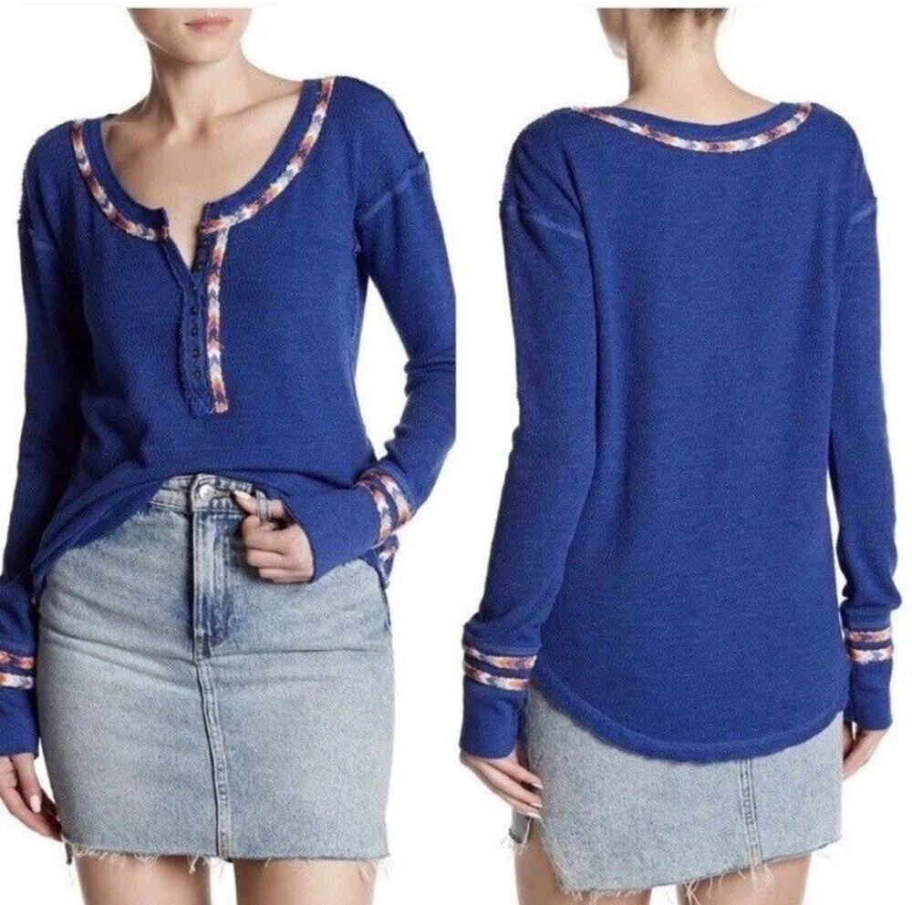 FREE PEOPLE Blue Chevron Trim Happy Thermal Waffle Knit Henley Top Sz Medium